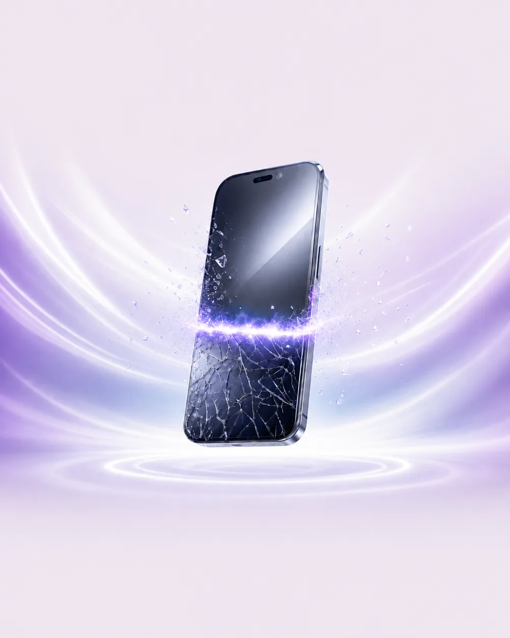Smartphone en cours de réparation : moitié fissurée, moitié réparée, balayé par un front de lumière violette
