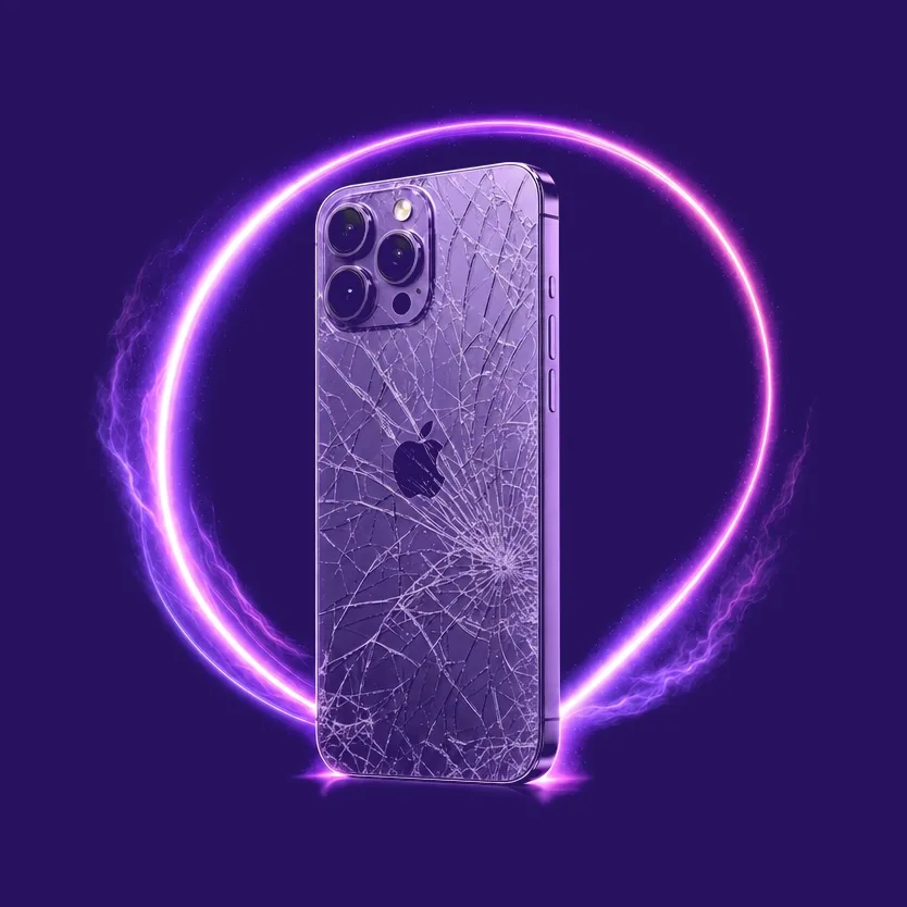Rachat de smartphone : un iPhone violet à l'écran arrière brisé, mis en valeur par un anneau de lumière