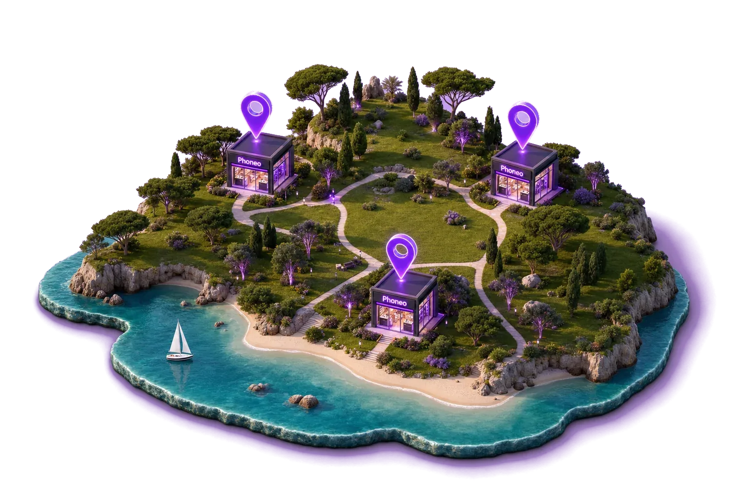 Carte 3D de la région avec les trois boutiques Phoneo près de Montpellier et de l'étang de Thau